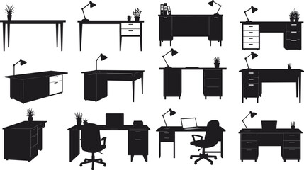 Home and Office Desk Silhouettes: A Collection of Furniture and Workspace Vector Illustrations for Interior Design and Corporate Graphics.