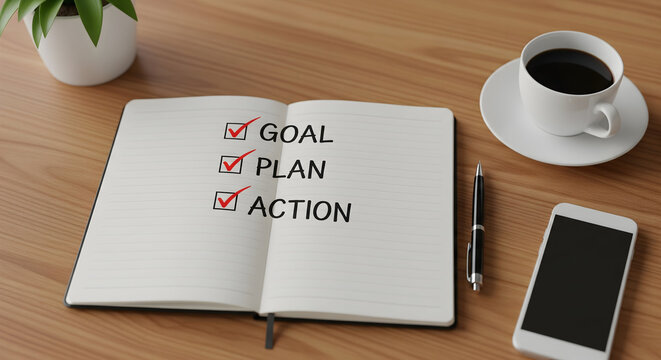Achieve success by checking off your goal plan and action items on a notebook