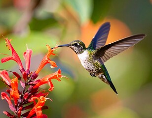 Fototapeta premium Hummingbird in flight, feeding on vibrant flowers