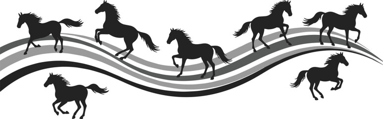Galloping Horse Silhouettes on a Wavy Pattern: A Dynamic and Energetic Animal Vector Illustration for Digital Art and Design.
