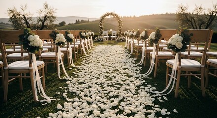 Tuscan Wedding Aisle: White Petals, Floral Arch, and Sunset Glow over Rolling Hills
