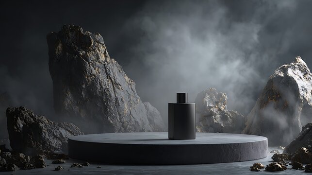 Mysterious dark perfume bottle on pedestal surrounded by ethereal smoke and sculptural elements