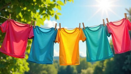 Freshly laundered clothes, vibrant colors, blowing gently in a sunny breeze on a clothesline Perfect summer day laundry scene Sunlight illuminates the clean fabrics , clothesline, outdoor
