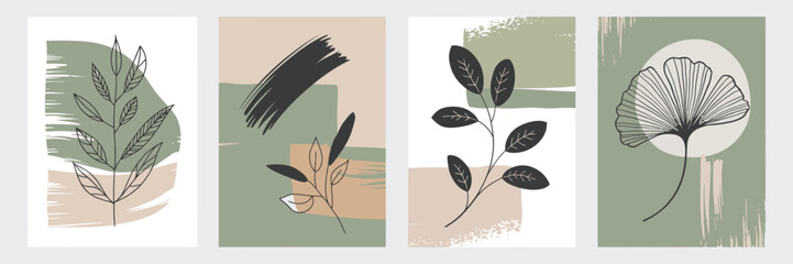 Abstract botanical poster vector set with textured watercolor ginkgo leaves and stylized blooms, perfect for eco‑friendly packaging, wall art, interiors, covers, and wallpaper illustration.