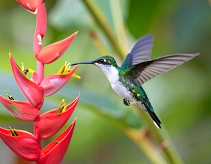 Fototapeta premium Hummingbird in flight near red flower