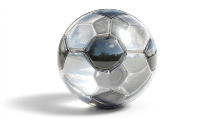 Fototapeta premium A shiny metallic soccer ball with black and silver panels on white background