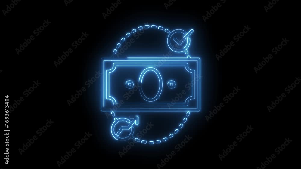 Poster neon style animation of money circulation with approval and progress on black background