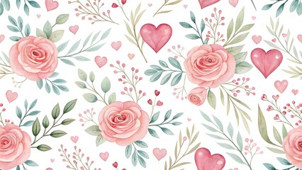 Romantic Floral Pattern with Hearts in Pastel Colors for Background