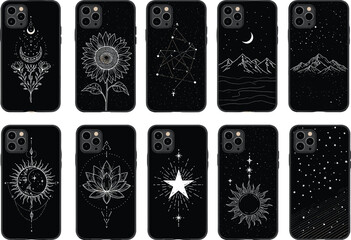 A Collection of Hand-Drawn Celestial and Botanical Illustrations on Black Phone Cases, Featuring Stars, Mountains, Sunflowers, and the Moon
.