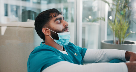 Healthcare, loss and man in office with mask, stress and test result in surgery emergency. Medical,...