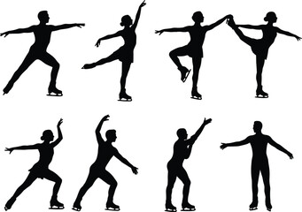 A Collection of Dynamic Ice Skater Silhouettes in Various Poses, Including Solo and Pair Skating, Perfect for Winter Sports and Olympic Themes
.