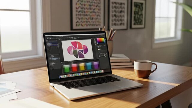 A laptop displays a design project on a wooden desk, near a mug, papers, & plant. Artwork adorns the wall, & a window lets sunlight in