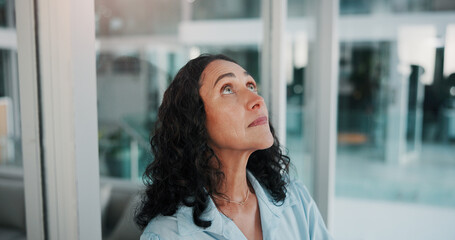Business, thinking and woman in office, decision and financial agency with anxiety. Mature person,...