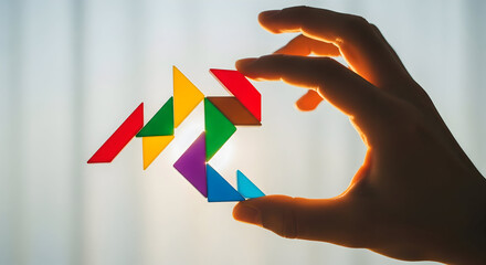 Hand assembling colorful geometric puzzle pieces, creating a bright, abstract human figure against backlit background