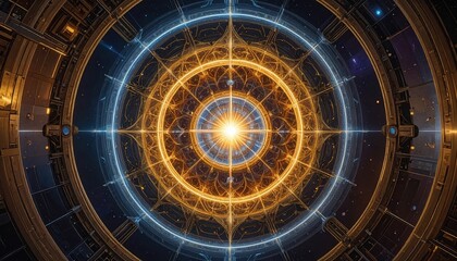 Obraz premium A captivating, intricate, circular design, highlighted by golden and bluish-white lines, fills a futuristic, metallic space.