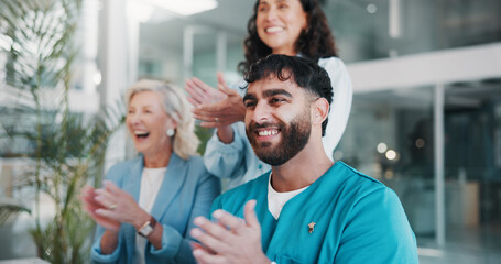 Applause, healthcare and laughing with hospital administration team in boardroom for celebration....