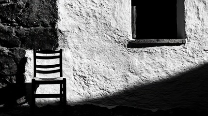 Monochromatic solitude: A weathered chair basks in light against aged architecture