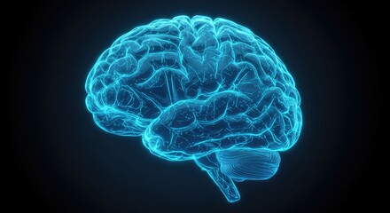 3D rendered brain, glowing blue
