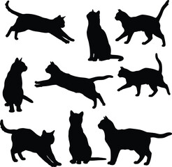 Silhouette vector collection of black cats in various poses, from sitting to running, ideal for pet themes, animal illustrations, and graphic design.