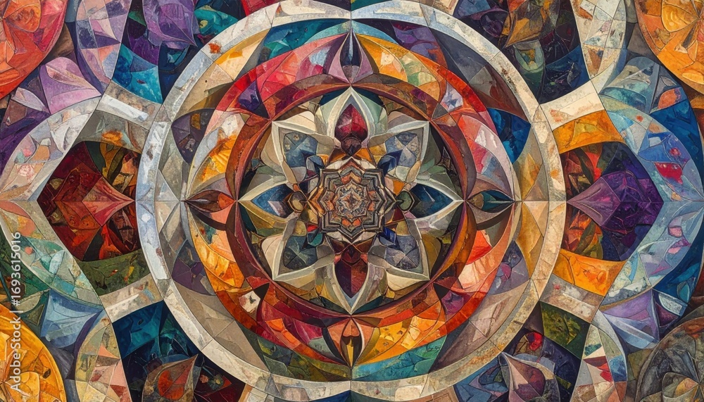 Poster a vibrant, intricate design featuring a symmetrical mandala with a kaleidoscopic effect, showcasing 