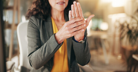 Hands, wrist pain and carpal tunnel with stress at office, strain and frustrated at media company....