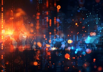 Digital stock market chart with a global map and financial graphs, glowing lights on the background, stock photography,