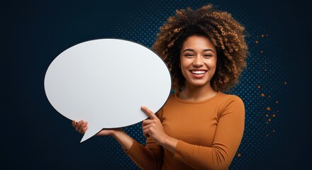 Confident Communication: A vibrant individual presents a blank speech bubble, radiating warmth and approachability, inviting open dialogue, and self-expression