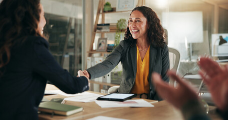 Business, handshake and people in office, partnership and celebration with success, applause and smile. Shaking hands, employees and group in workplace, achievement and clapping with agreement