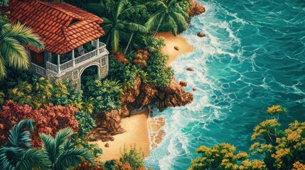 Seaside villa embraced by tropical foliage, turquoise waves, and sandy shoreline charm, a tranquil