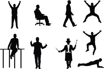 Silhouette vector collection of diverse men and women in various poses and actions, depicting success, motion, and different professions.