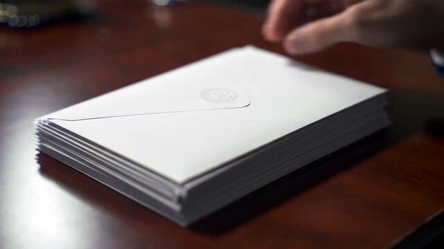 Stack of white envelopes on a wooden desk. Correspondence, mail, letter concept. Communication, stationery. Office, paperwork, business.