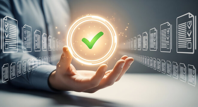 Achieve business success with a glowing checkmark symbolizing approval and digital document verification