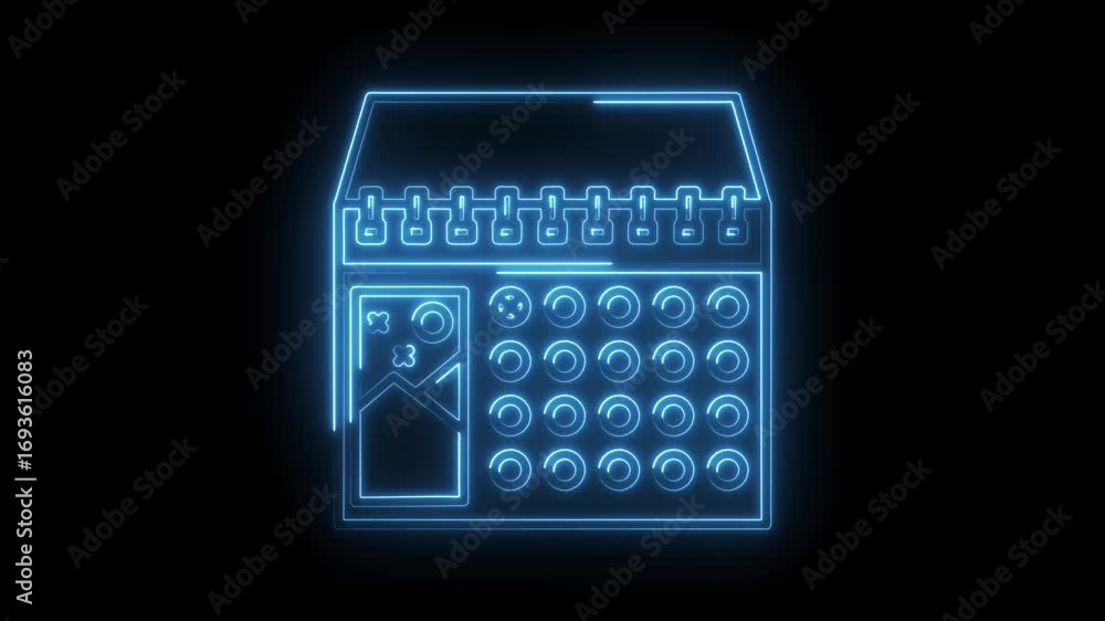 Poster futuristic neon glowing gamepad controller interface on a clean black background motion graphics