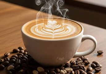 Steaming hot latte art coffee with roasted beans on a wooden table
