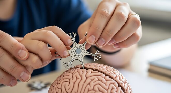 A child and an adult assembling a neuron model over a human brain replica, symbolizing hands-on science education and discovery