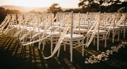 Wedding Ceremony Seating with White Chairs, Ribbons, and Rose Petals at Sunset