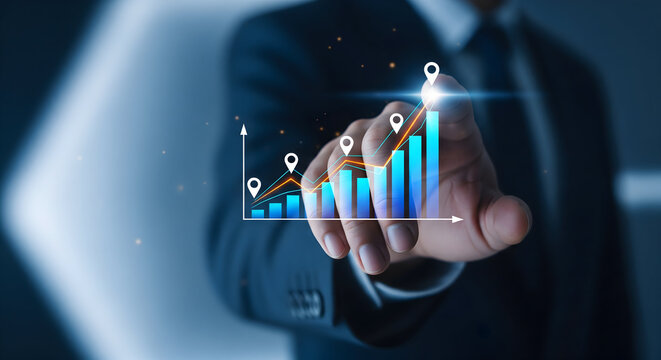 Dynamic financial growth visualized by a professional touching a rising bar chart with glowing data points