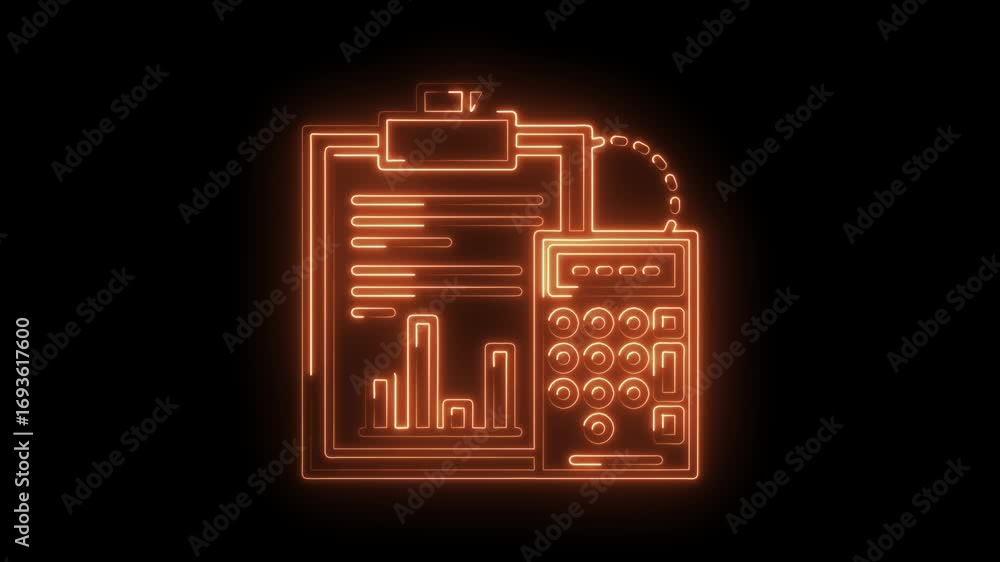 Poster glowing business report with bar graph and calculator icon animation on black background