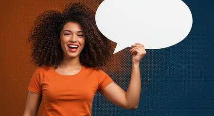 Expressive Reflection: A cheerful individual holds up a speech bubble, inviting conversation and contemplation, highlighting the art of communication and ideas.