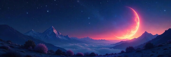 Ethereal glow of a crescent moon illuminating a celestial landscape, stars twinkling in the dark expanse of space  Perfect for fantasy, sci-fi, or mystical themes ,  cosmic dust,  mystical,  silver