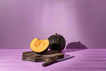 Vibrant Autumnal Still Life - Sliced Kabocha Squash on Purple Wooden Board with Knife - Culinary Photography, Food Styling, Fall Harvest, Recipe Inspiration
