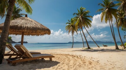 Coconut beach concept with umbrella and sand, tropical summer holiday scene, exotic paradise travel destination with ocean waves and relaxation