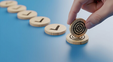 Achieve business goals by placing target icon on checkmark sequence, strategic planning success