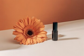 Orange Gerbera Daisy and Black Cosmetic Product - Minimalist Beauty Product Photography