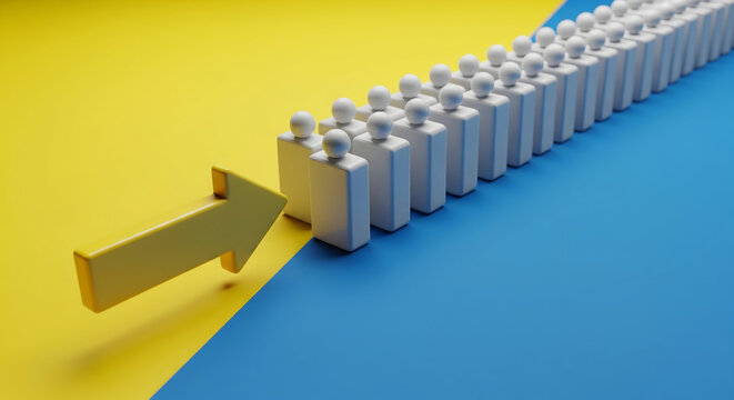 Yellow arrow leads a unified line of white figures forward, symbolizing progress and direction