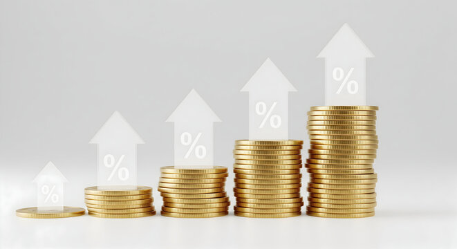 Golden coins stacked in growing piles with upward arrows and percentage symbols signifying financial growth