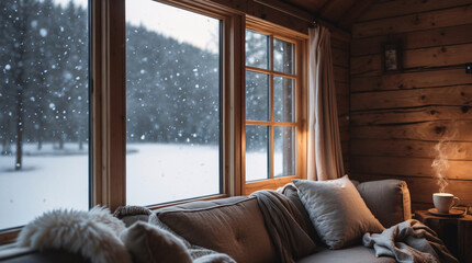 blanket and pillows on rustic wooden bed inside cottage with snowy mountain ice landscape visible through large cozy window winter interior design aesthetic wallpaper background