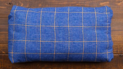 Blue textile with tan plaid pattern on a rustic wooden surface imparting country comfort