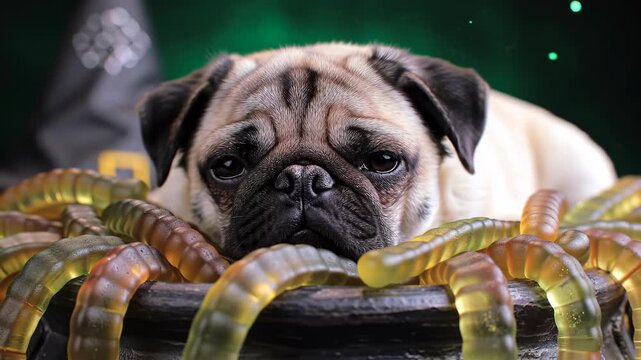 Adorable pug with Halloween candy worms and witch hat on dark green backdrop.