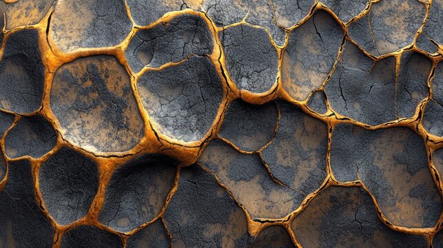 Abstract textural composition showcasing cracked rock formations with luminous borders